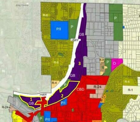 The city is considering rezoning part or all of the General Business Zone (in purple) between State Route 522 and the Eastrail to mixed-use, allowing for residential development.